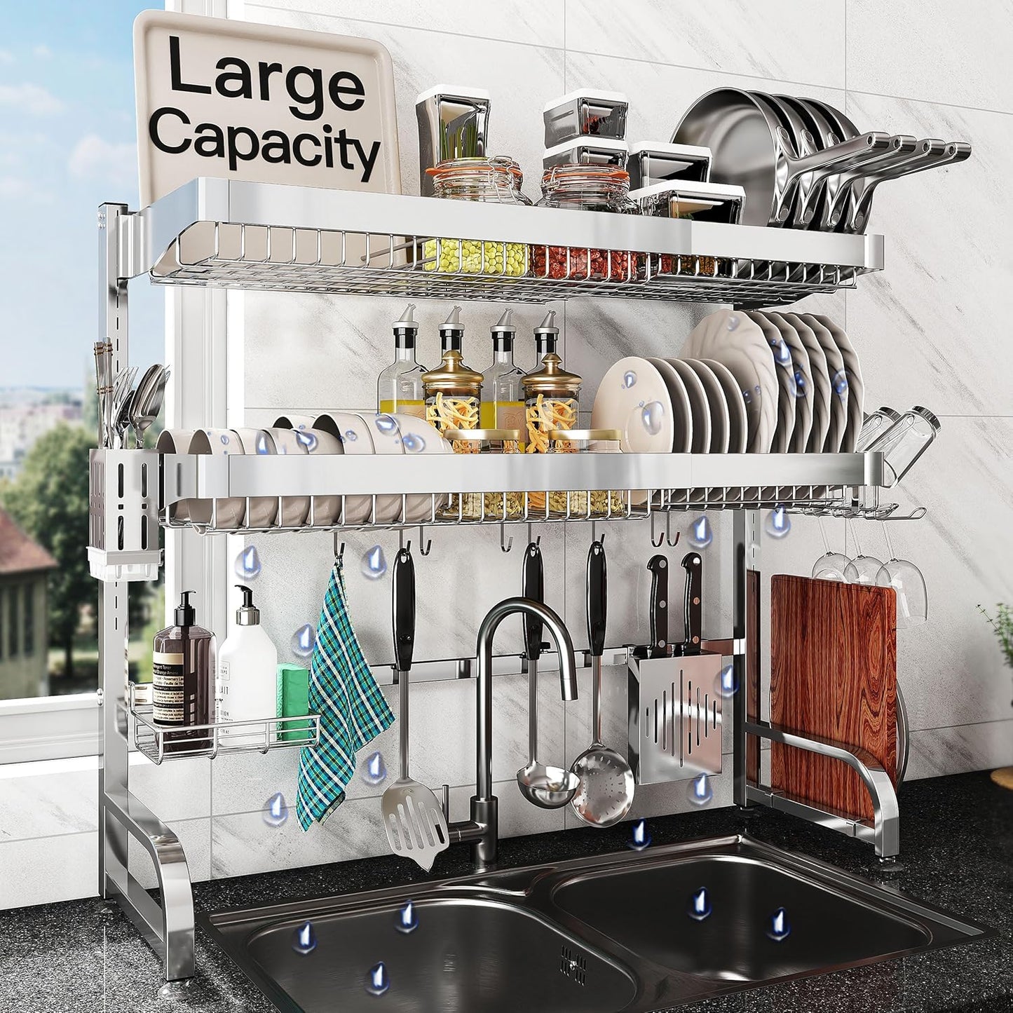 3 Tier Extra Large Stainless Steel Expandable Over The Sink Dish Drainer Drying Rack, Rust Proof Metal, Space Saving, Modern Silver Big Capacity Extendable Plate Strainers Above Kitchen Counter