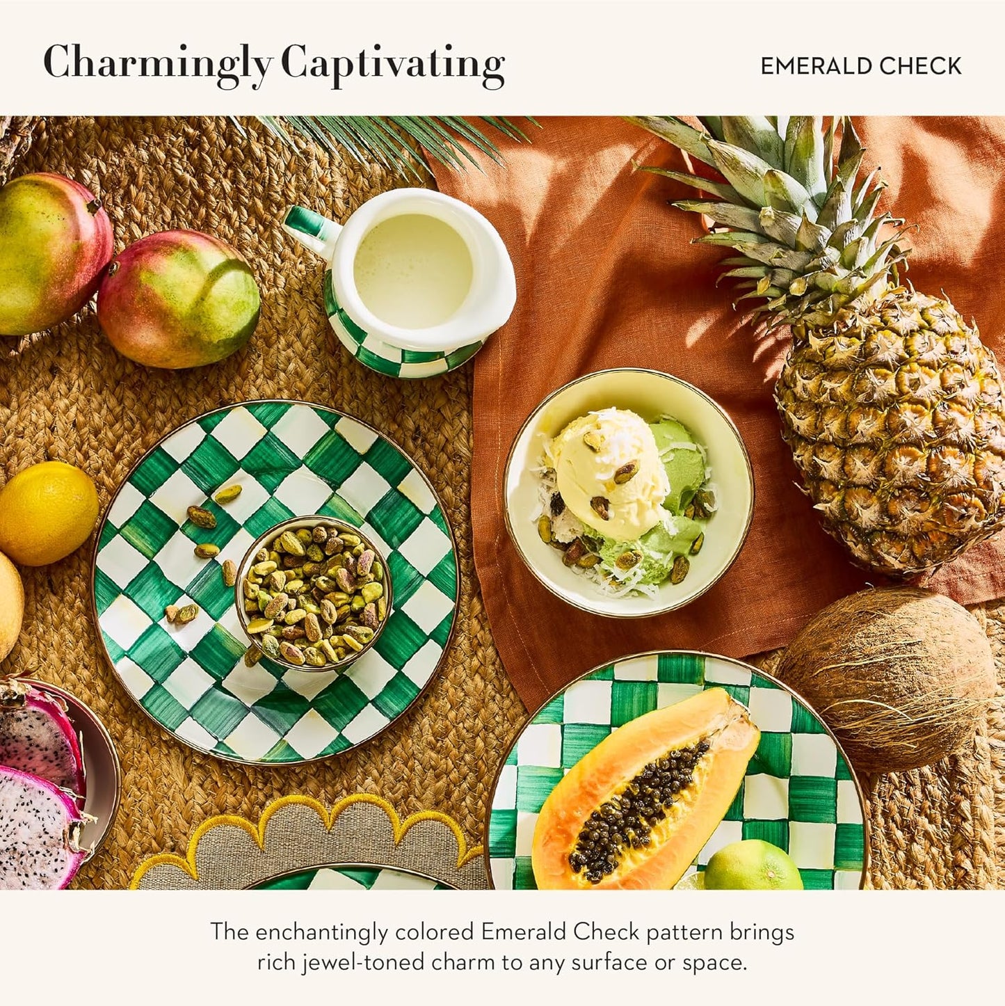 MACKENZIE-CHILDS Enamel Creamer, Creamer Dispenser with Pour Spout, 14-Ounce Capacity, Green-and-White Emerald Check