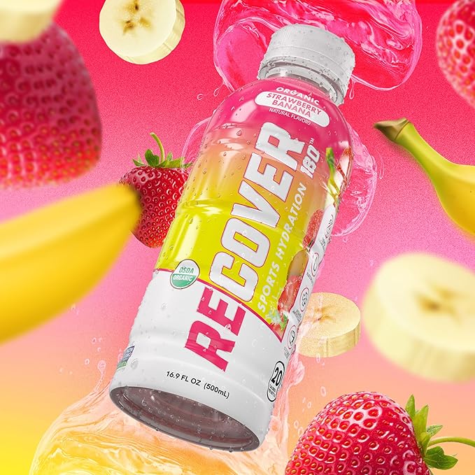 RECOVER 180 Organic Sports Hydration Drink, No Sugar Added, 20 Calorie Sports Beverage, Organic Flavors With Vitamins, Potassium-Packed Electrolytes (16.9 Fl Oz (Pack of 12), Strawberry Banana)