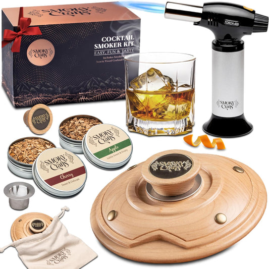 Cocktail Smoker Kit with Torch - Whiskey Smoker Kit comes with Saturn-Shaped Smoke Infuser, Culinary Torch, Cotton Bag and Wood Chips (Apple & Cherry) - Gifts for Men (Without Butane)