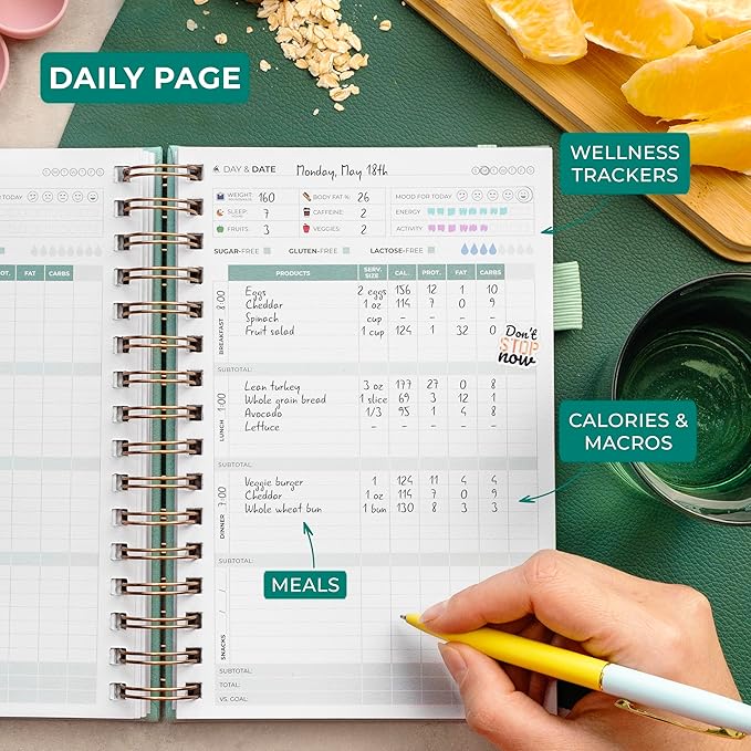 Clever Fox Food Journal Spiral - Daily Food Diary, Meal Prep Planner to Track Calories & Nutrients, Weight Loss Tracker Notebook (Mint Cream)