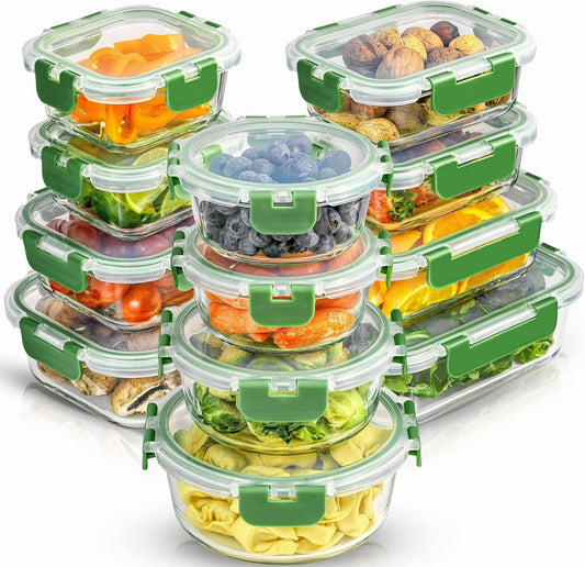 JoyJolt 24pc Borosilicate Glass Storage Containers with Lids | 12 Airtight/Freezer Safe Food Storage Containers for Pantry and Kitchen | Meal Prep Container for Lunch | Glass Tupperware Set