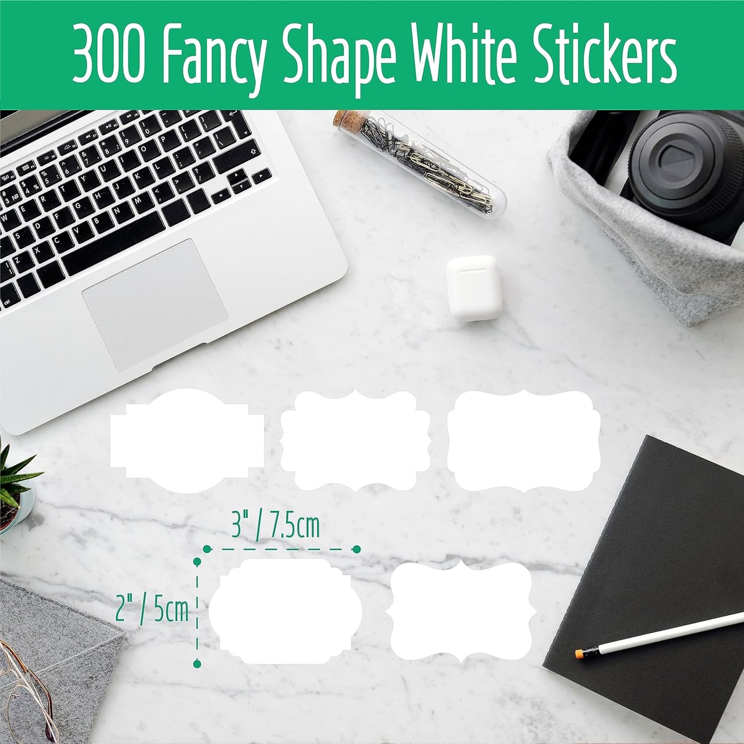 300 PCS White Stickers, 5 Fancy Shapes Labels Blank Stickers Roll White Name Tags with Permanent Adhesive for File Folders, Food Jars, Gift Tags, Home Office Business Uses (2” x 3”)