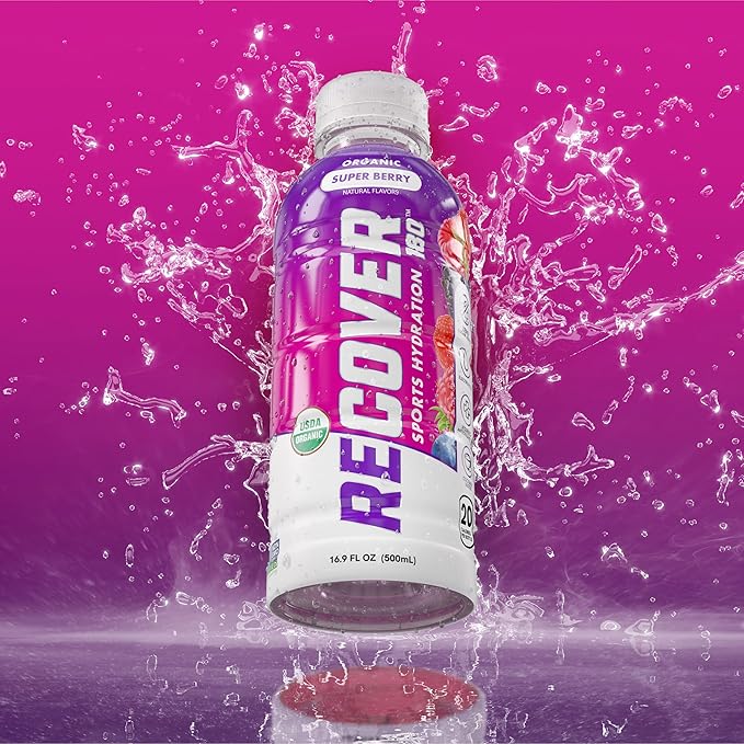 RECOVER 180 Organic Sports Hydration Drink, No Sugar Added, 20 Calorie Sports Beverage, Organic Flavors With Vitamins, Potassium-Packed Electrolytes (16.9 Fl Oz (Pack of 12), Super Berry)