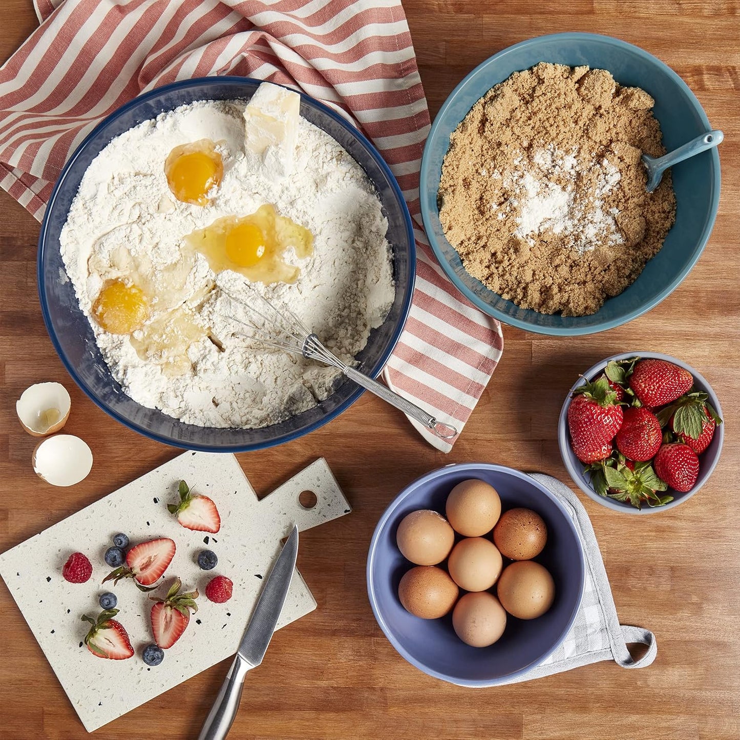 TTU Tabletops Gallery Hobnail Style 4 Piece Blue Storm Stoneware Nesting Mixing Bowl Set for Baking and Cooking