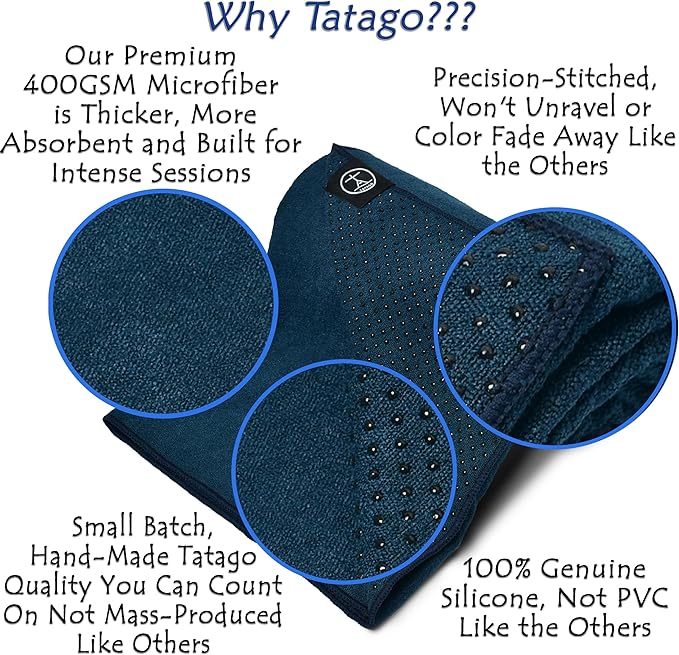 Tatago Hot Yoga Towel Non Slip Grip in 2 Sizes. Premium Yoga Towels for Hot Yoga Non Slip, Hot Pilates Mat Towel or Yoga Mat Towel Thicker, Softer, More Absorbant & Durable!
