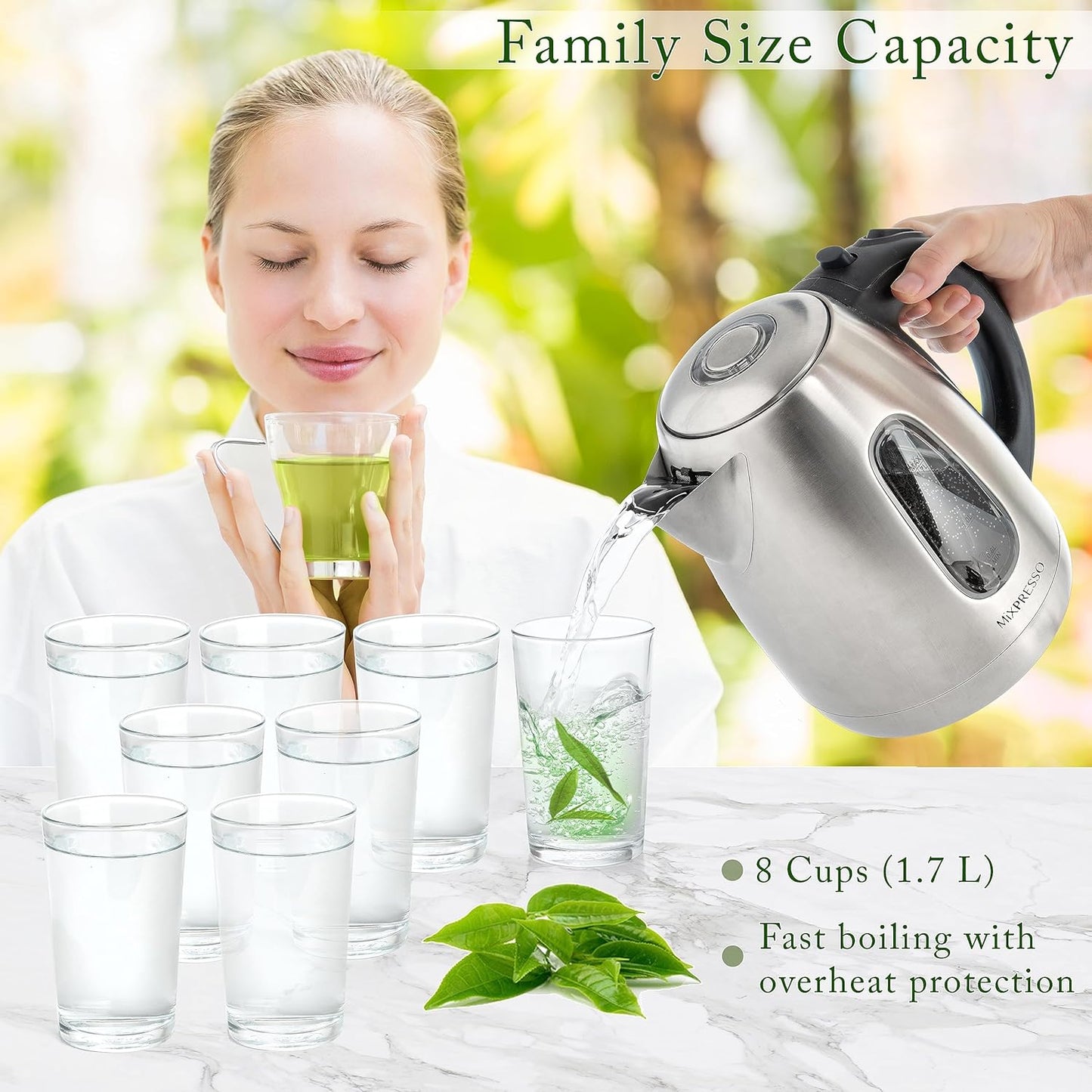 Mixpresso Stainless Steel Electric Kettle, Cordless Pot 1.7L Portable Electric Hot Water Kettle, 1500w Strong Fast Boiling Pot, Water Boiler, Electric Tea Kettle With Boil Dry Protection