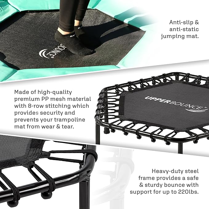Upper Bounce Mini Workout Trampoline with Adjustable T-Shaped Handrail – Hexagonal Rebounder Trampoline for Kids & Adults – Fitness & Recreational Trampolines, Supports up to 220 lbs.