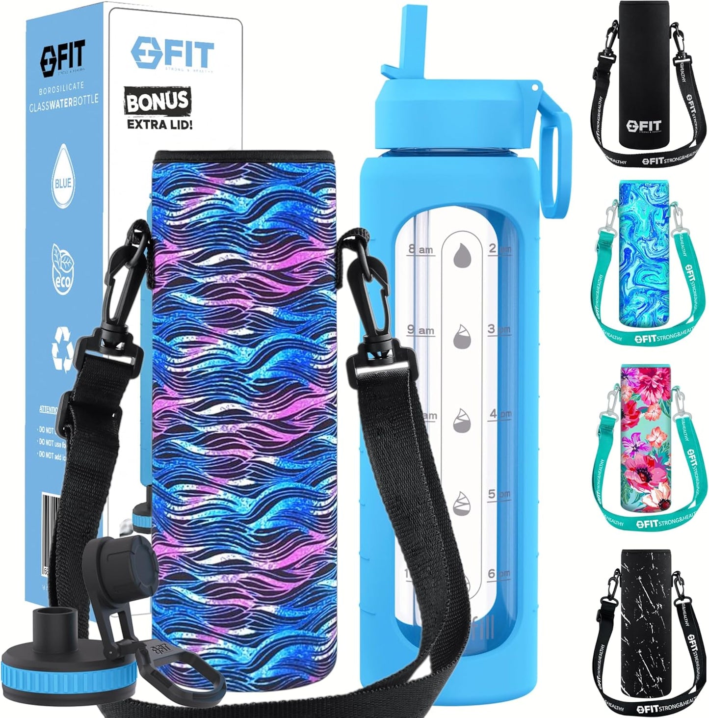 FIT Strong & Healthy 32 oz Glass Water Bottle with Straw Lid, Time Marker, Sleeve & Extra Lid - Motivational, Wide Mouth 1 Liter Glass Drinking Bottle