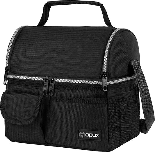 opux Lunch Box for Men, Adult Lunch Box Cooler, Insulated Lunch Bag Women, Dual Compartment Lunchbox for Work, Leakproof Double Decker Lunch Bag, Soft Lunch Pail Tote Boys Girls Kids School, Black