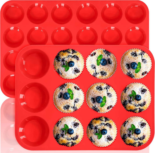 Anaeat Silicone Muffin Pan Set - Regular 12 Cups & Mini 24 Cups Cupcake Baking Molds with Flexible & Non-Sticky, Just Pop Out for Making Muffin Cakes, Cupcake, Chocolate,Tart and Desserts (2 Pack)