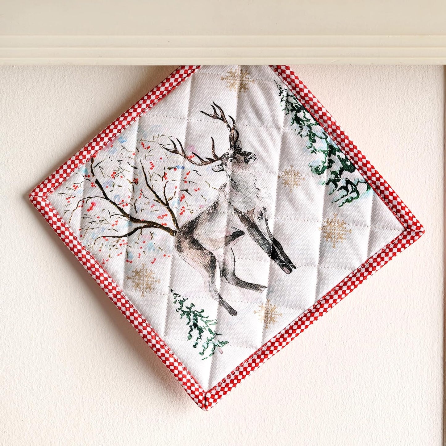 Maison d' Hermine Pot Holders 100% Cotton Heat Resistant Potholders 8" x 8" Hot Pads with Loop BBQ, Cooking, Baking, Grilling, Kitchen, Handling Hot Pans (Pack of 1, Rural Christmas)