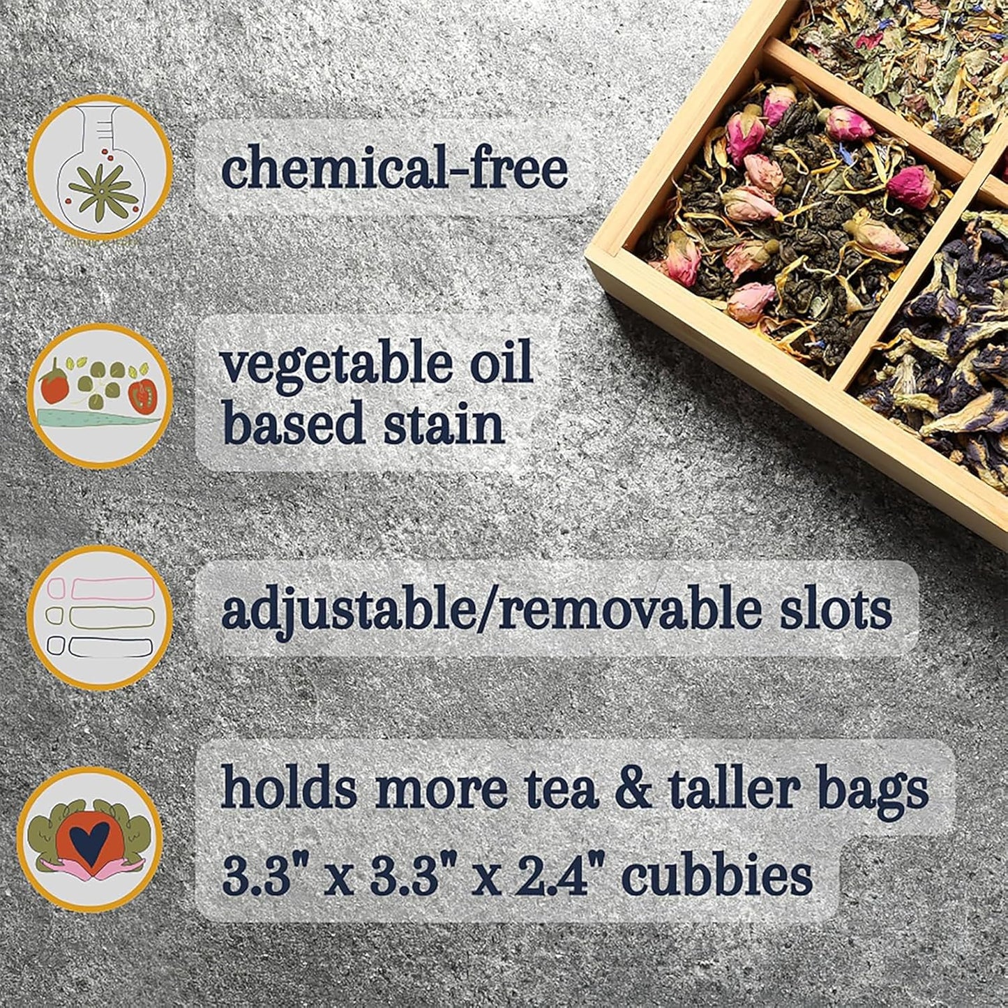 Tea Organizer Box Food Safe Chemical Free Bamboo Wood Storage Chest Big, Tall, Adjustable Cubbies (8-Slot 14.3" x 8.1" x 4.2" with TEA print design)