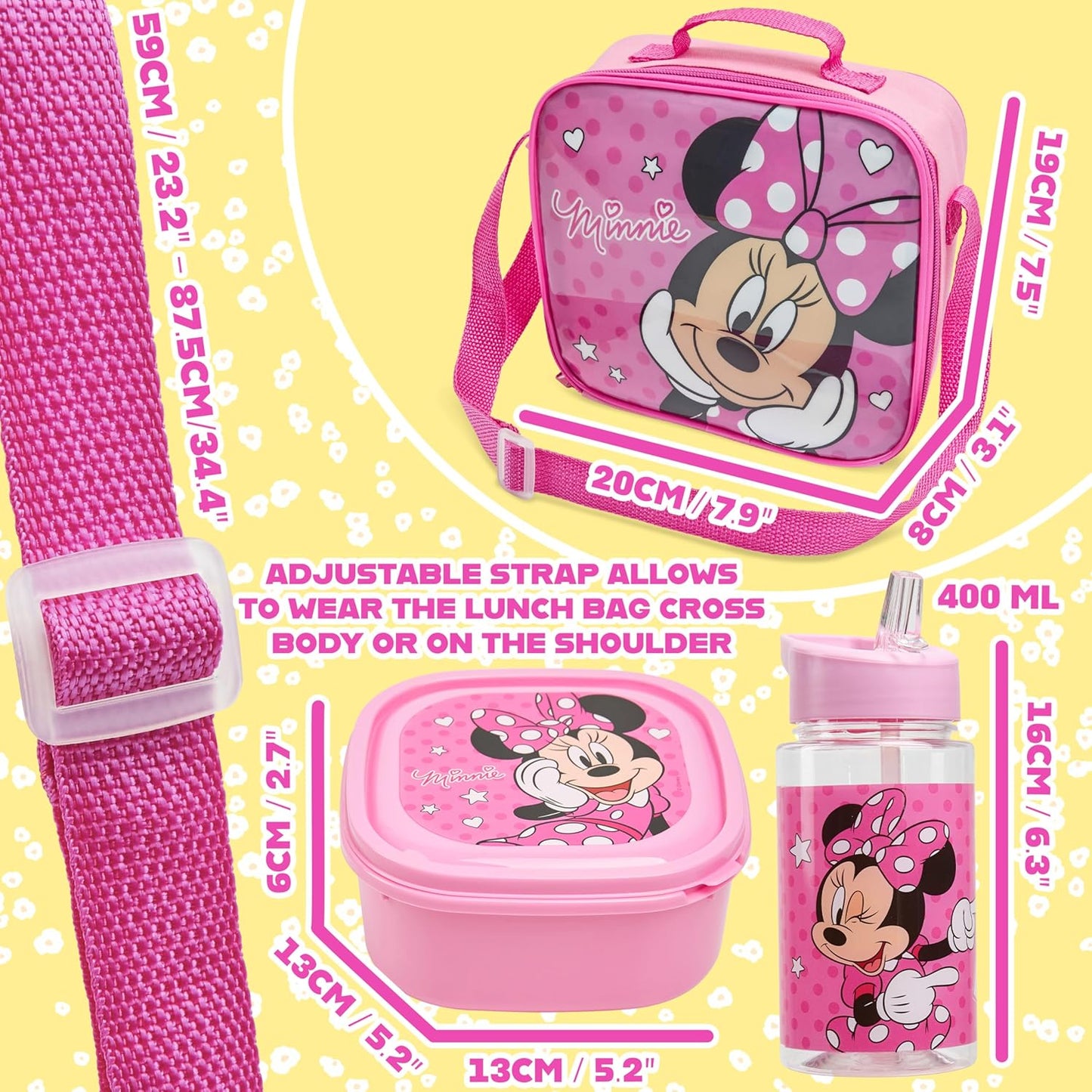Get Trend Disney Minnie Mouse Kids Lunch Bag Set 3 Pc with Leak Proof Water Bottle and Small Lunch Box Insulated for School Daycare Travel (Minnie Mouse)