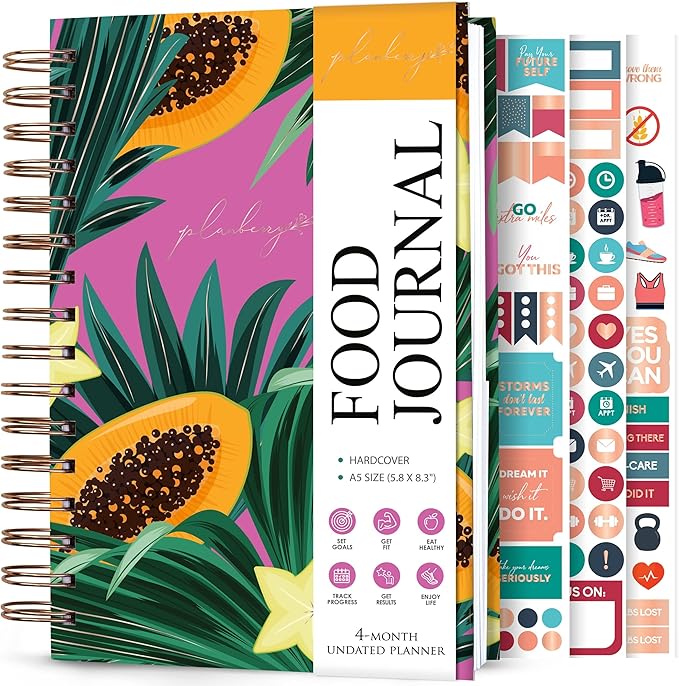 PLANBERRY Food Journal Premium – Nutrition Planner – Diet & Calorie Tracker – Meal & Exercise Diary – Weight Loss Journal (Papaya Garden)