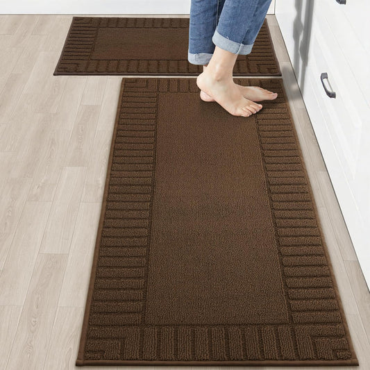 BEQHAUSE Kitchen-Rugs-Washable-Kitchen-Mats-for-Floor Non-Slip Kitchen Mats Set of 2 Absorbent Kitchen Runner Brown with TPR Backing 20x30inch/20x48inch