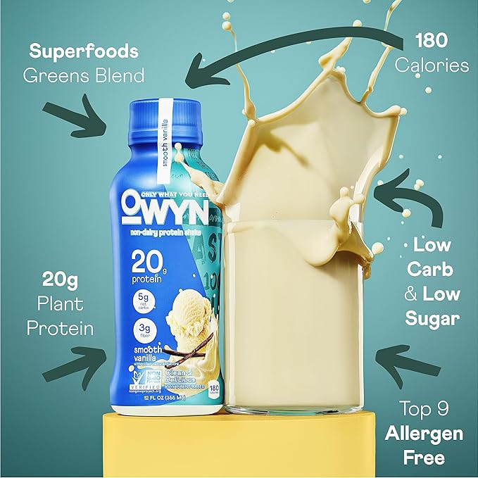 OWYN Only What You Need Plant Based Protein Shake, 20g Vegan Protein from Organic Pumpkin seed, Flax, Pea Blend, Prebiotic supplement, Gluten & Soy-Free (Vanilla Variety Pack, 12 Pack)