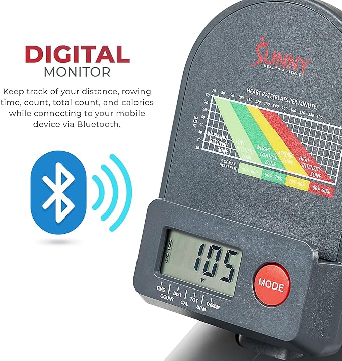 Sunny Health & Fitness Flip & Foldable Rowing Machine for Home w/Extended Slide Rail, Full-Body Workout, Low-Impact, Optional Extra Long Rail, Quiet Rail Cover, Water Motion and Free SunnyFit App