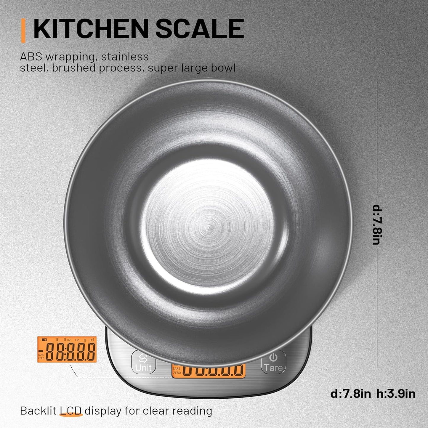 Food Kitchen Scale Digital Weight Grams and Oz with IPX6 Waterproof，Professional Stainless Steel Digital Kitchen Food Scale 11lb/0.01oz with Bowl for Weight Loss Dieting Baking Cooking