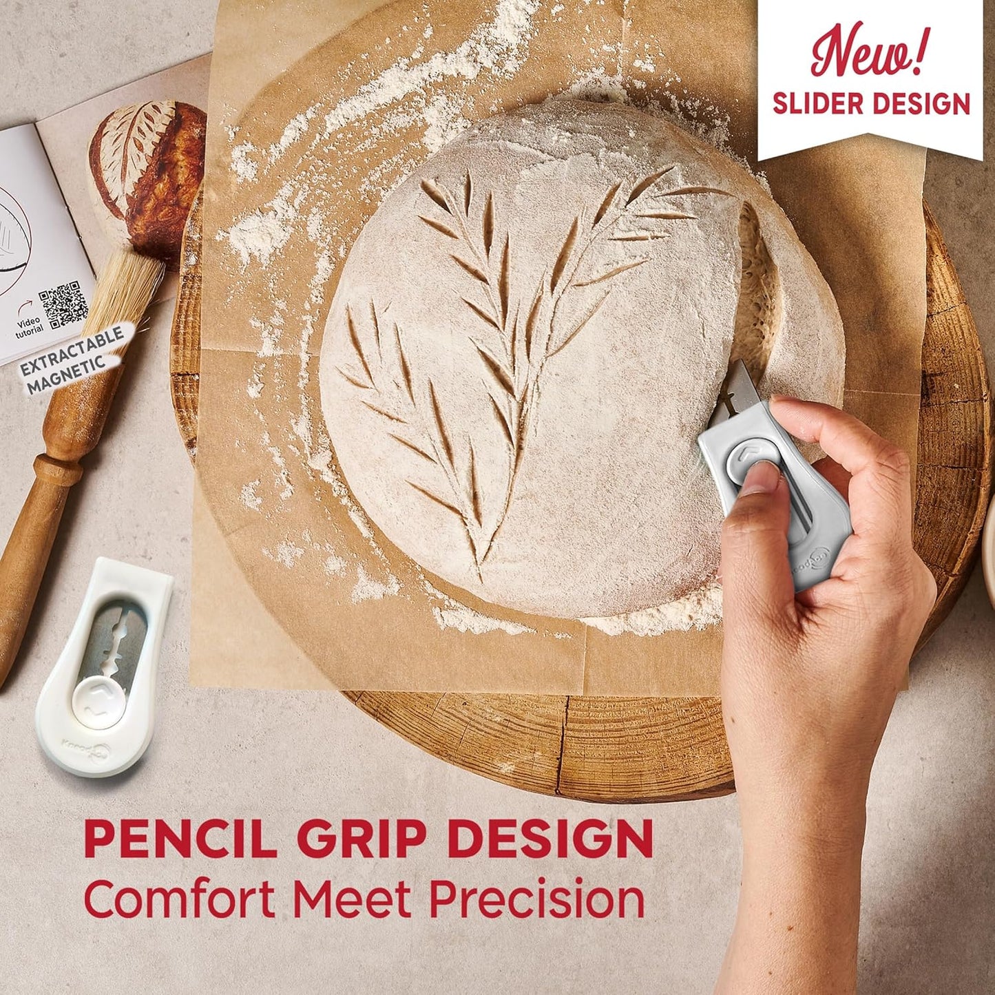 KneadAce Upgraded Magnetic Bread Lame, Professional Dough Scoring Tool with Extractable Blade, Sourdough Bread Tool for Baking, Includes Scoring Pattern Booklet & 5 Replaceable Razor Blades