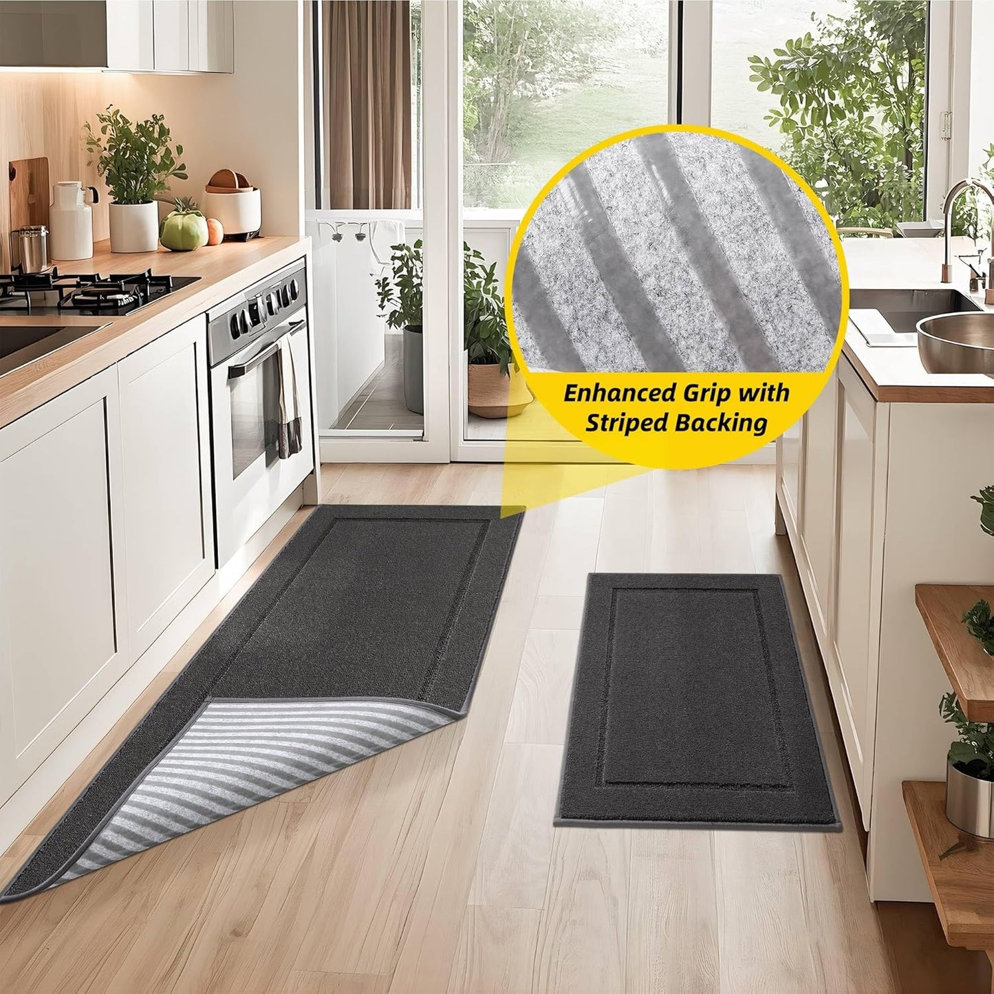 JSEI Non-Slip Kitchen Mats, Self Adhesive No Sliding Kitchen Rugs Set of 2, Washable Absorbent Floor Mat for Kitchen, Bathroom, Laundry Room, Bedroom, 20”x32”+20”x48”, Dark Grey, Rectangular Pattern