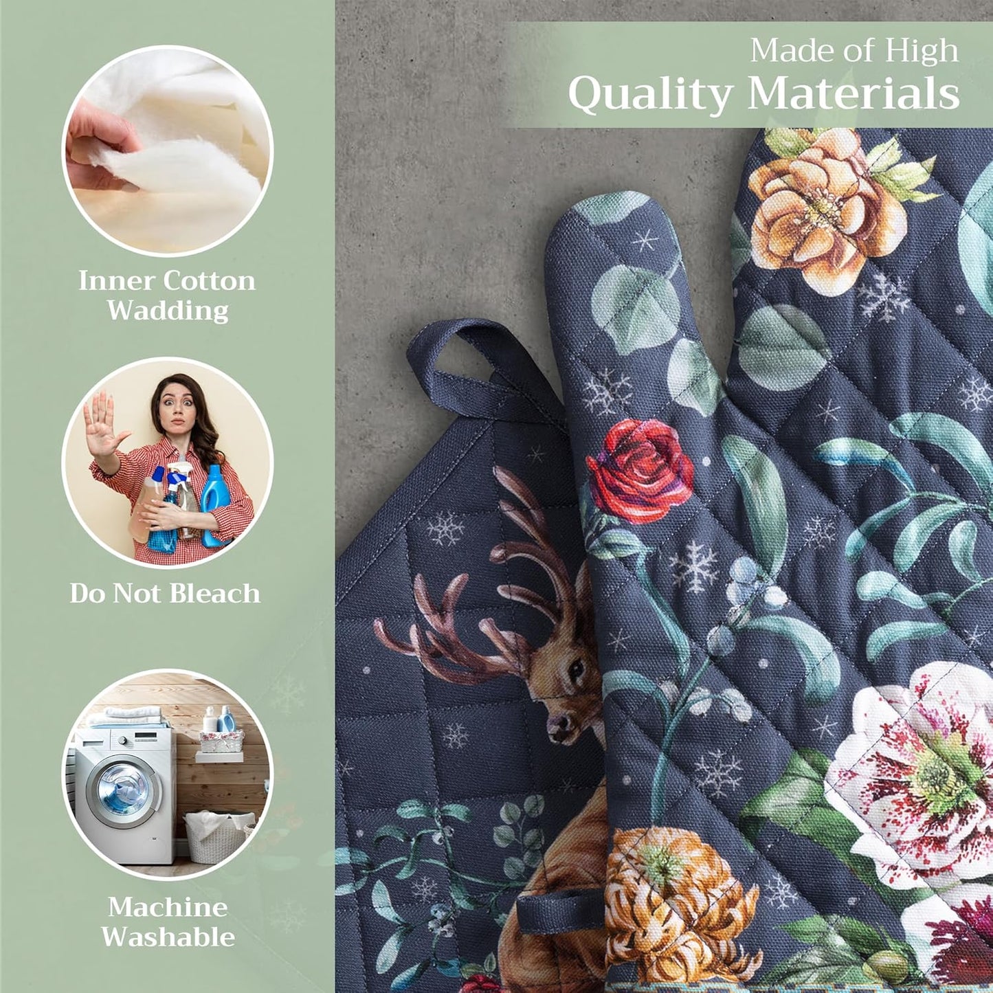 Maison d' Hermine 100% Cotton Oven Mitt & Pot Holder Set (7.5"x13" & 8"x8") Heat Resistant BBQ Cooking Gloves with Loop, Baking, Grilling, Kitchen, Handling Hot Pans (Christmas Joy)