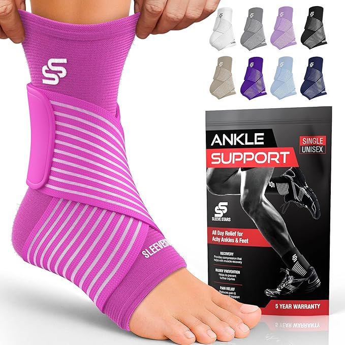 Sleeve Stars Ankle Brace for Women & Men, Ankle Wrap for Sprained Ankle, Compression Sleeve for Plantar Fasciitis Relief, Easy Customizable Support: w/Removable Strap (Single/S:9"-10"/Hot Pink)