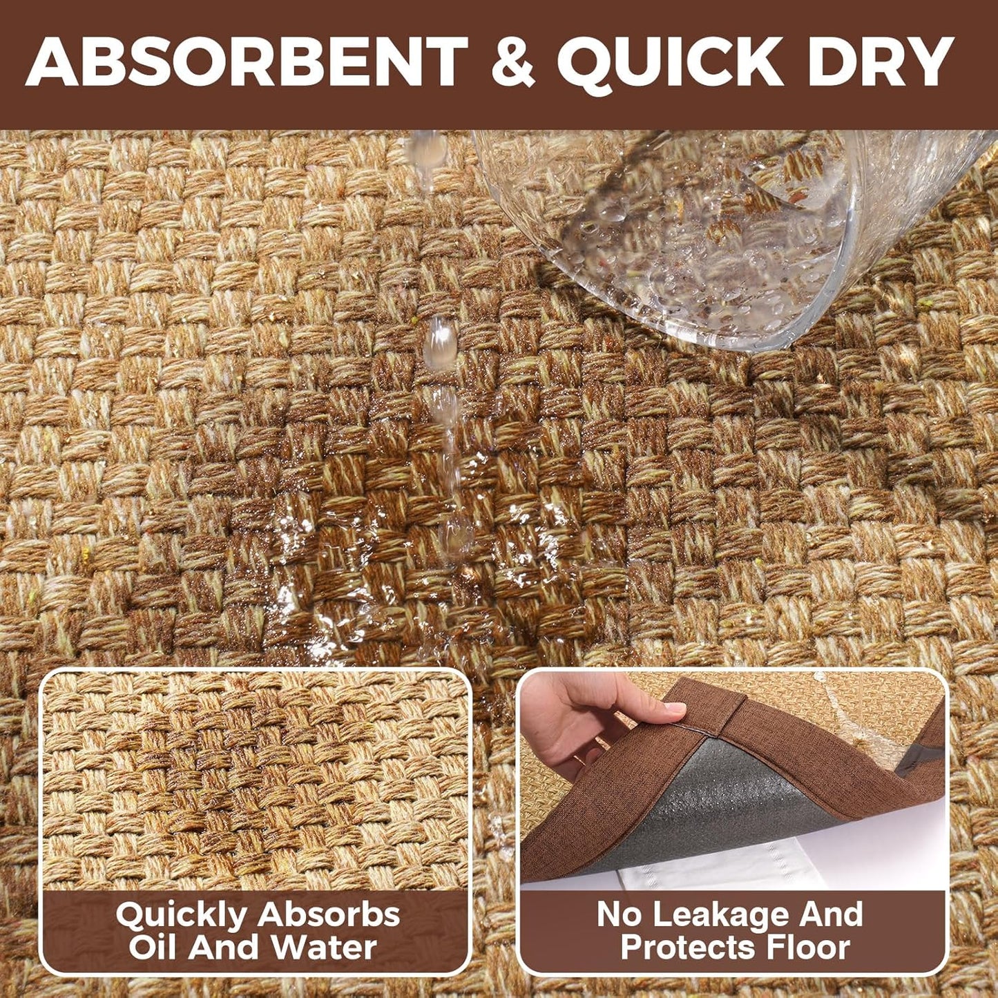 Kitchen Runner Rugs Non Slip Washable Anti Fatigue, Super Absorbent Long Cushioned Kitchen Mats for Floor, Jute-Look Woven Sink Mat Standing Mat for Floor, Office, Laundry, Brown 17"x59"