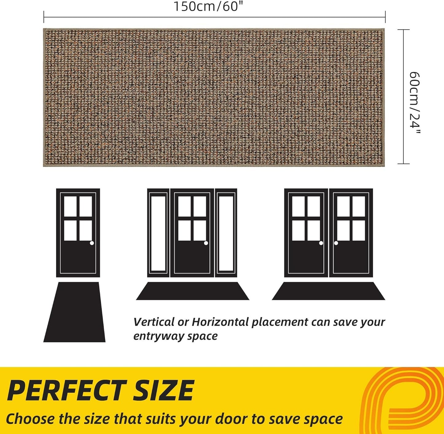 JSEI Dirt Trapper Door Mat 24"x60" Non-Slip Washable Entrance Mat, Dog Doormats, Absorbent & Fade-Resistant Floor Mats, Low Profile Welcome Mats for Entryway, Front Door, and Inside Entrance, Beige