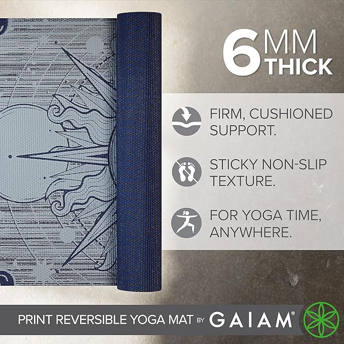 Gaiam Yoga Mat - Premium 6mm Print Reversible Extra Thick Non Slip Exercise & Fitness Mat for All Types of Yoga, Pilates & Floor Workouts (68" x 24" x 6mm Thick)